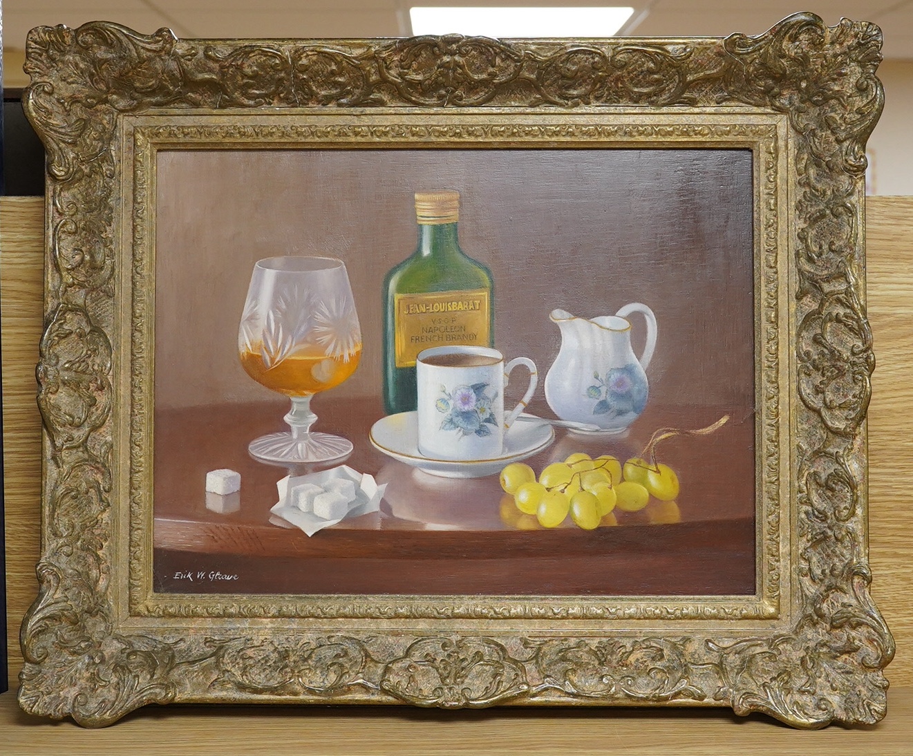 Erik W. Gleave (1916-1995), oil on board, Still life of vessels and fruit, signed, 29 x 39cm, ornately framed. Condition - good